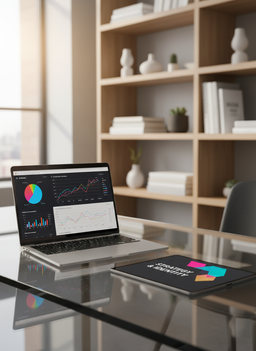 A sleek glass desk in a modern workspace holds an open, ultra-thin laptop displaying colorful analytics dashboards, social media graphs, and ad performance metrics. Beside it, a matte-black tablet shows a brand style guide with bold typography and a vibrant logo. The background features blurred shelves with design books and minimalist décor. Soft daylight from a large unseen window washes across the scene, creating gentle reflections on the glass and subtle shadows under the devices. Photographic realism, eye-level composition with a shallow depth of field, conveys a professional, results-driven digital marketing agency focused on data and branding strategy.