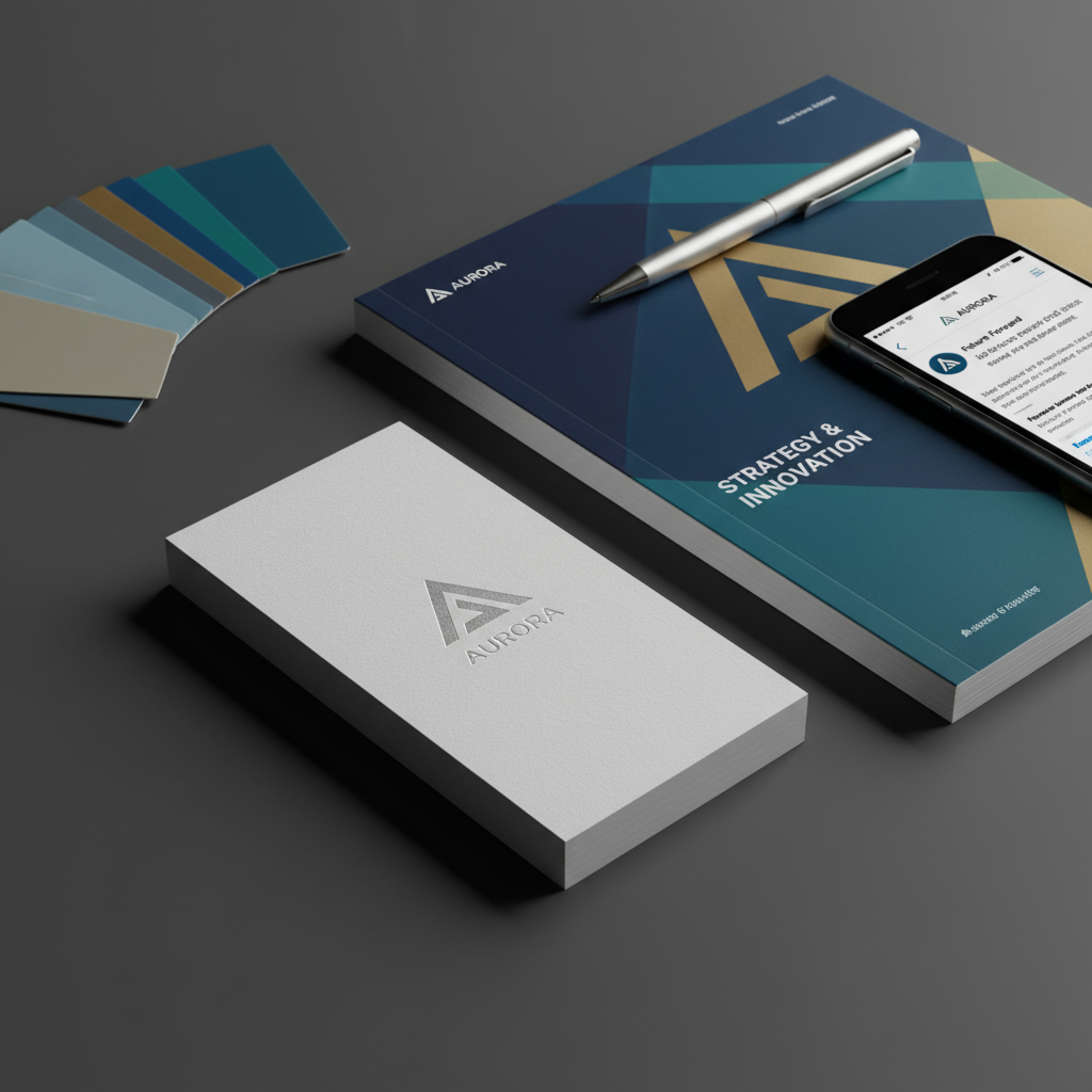 A close-up of a set of premium brand collateral laid out on a smooth charcoal-grey table: a textured business card with embossed logo, a thick matte brochure with bold cover design, and a sleek smartphone showing a consistent brand identity on social media. A silver pen and color swatch cards add detail and context. Soft studio lighting from the left creates crisp but gentle shadows and highlights the paper textures and print finishes. Shot from a slightly elevated angle in photographic realism, the composition is clean and balanced, evoking professional brand building and meticulous visual consistency.